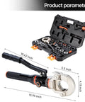 Pro Grade Hydraulic Copper Pipe Crimping Tool Kit With Half, Three Quarter, One Inch Die Sets For Copper Tube And F877 Stainless PEX Sleeves Rotating Head Aluminum Alloy Body Portable Design Ditch Leaks And Save Time Copper Color, with case and dimensions shown