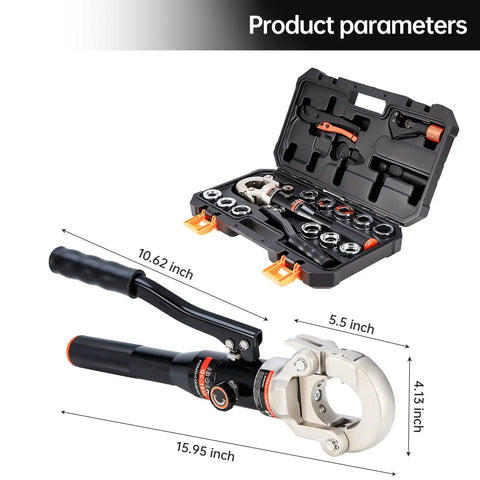 Pro Grade Hydraulic Copper Pipe Crimping Tool Kit With Half, Three Quarter, One Inch Die Sets For Copper Tube And F877 Stainless PEX Sleeves Rotating Head Aluminum Alloy Body Portable Design Ditch Leaks And Save Time Copper Color, with case and dimensions shown