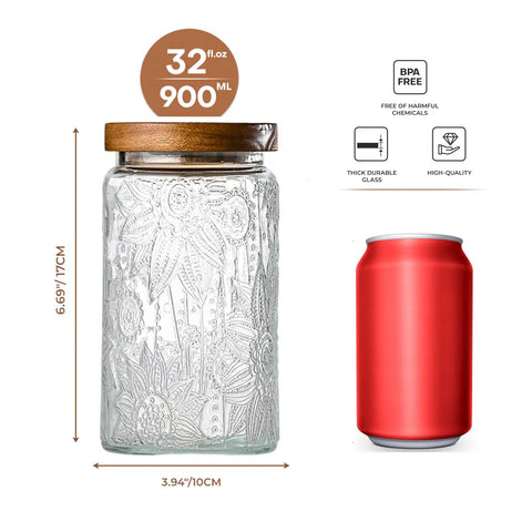 32oz Vintage Glass Jar with Lid next to can, airtight storage container for pantry organization