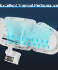 Lit 42W LED Outdoor Flood Light with Motion Sensor showing excellent thermal performance, blue arrows indicating airflow.