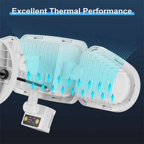 Lit 42W LED Outdoor Flood Light with Motion Sensor showing excellent thermal performance, blue arrows indicating airflow.