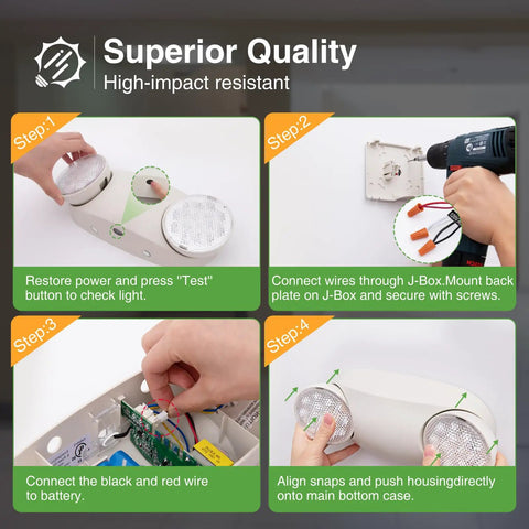 Step-by-step assembly of 10 Pack Hard Wired LED Emergency Lights With Battery Backup Featuring Two Adjustable Heads For Commercial Exit Lighting UL 924 Certified.