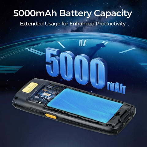 5000mAh battery displayed on Android 14 Barcode Scanner With Pistol Grip A Real Warehouse Beast Honeywell HS7 QR, IP65 rugged PDA