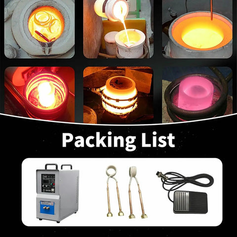 Pro Grade Dead Nuts Tough 15KW High Frequency Induction Heater For Steel Melting And Metal Quenching Welding With Smart Water Temp Guard and Advanced Variable Control, showing furnace melting metal and components.