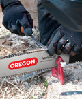 Person using All In One Chainsaw Chain Sharpening Kit With Heavy Duty Hard Case Includes Round And Flat Files, File Guide, Depth Gauge