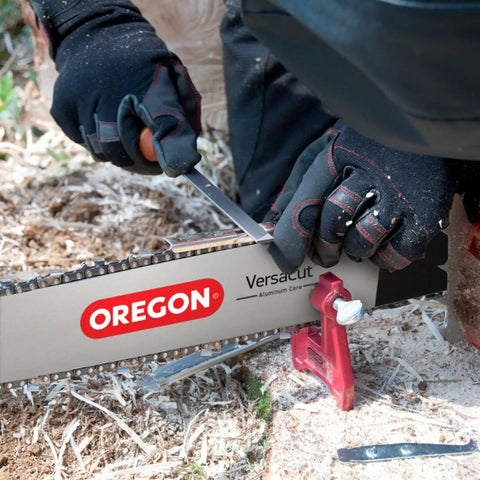 Person using All In One Chainsaw Chain Sharpening Kit With Heavy Duty Hard Case Includes Round And Flat Files, File Guide, Depth Gauge