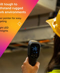 Person using rugged non contact infrared thermometer gun with 24 to 1 spot ratio measures minus 30 C to 650 C easy emissivity settings