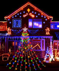 Stunning 12.6 Foot 350 LED Waterfall Christmas Lights with 8 Awesome Modes and Glowing Star Tops on outdoor Xmas display