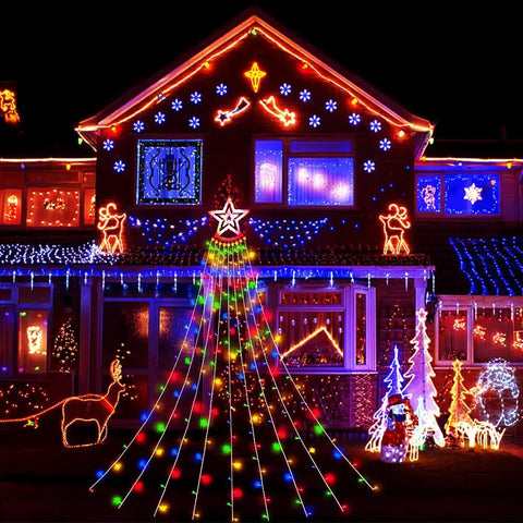 Stunning 12.6 Foot 350 LED Waterfall Christmas Lights with 8 Awesome Modes and Glowing Star Tops on outdoor Xmas display
