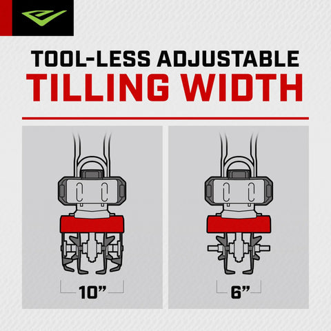 Diagram showing tool-less adjustable tilling width of Mini Tiller Cultivator With 33cc 2 Cycle Viper Engine