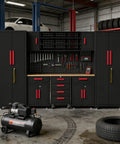 Black Garage Tool Cabinet Set, 9-Piece Storage System For Tools And Gear, showing heavy-duty cabinets in a workshop.