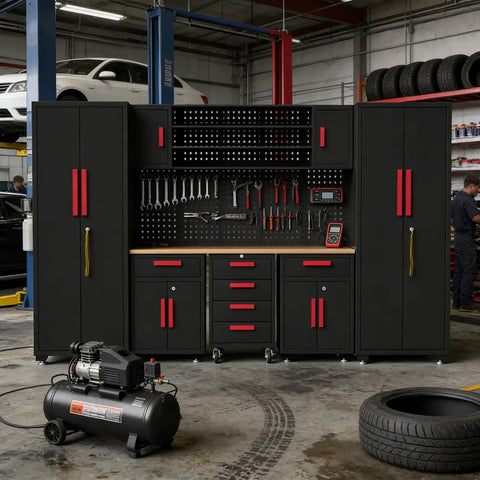 Black Garage Tool Cabinet Set, 9-Piece Storage System For Tools And Gear, showing heavy-duty cabinets in a workshop.