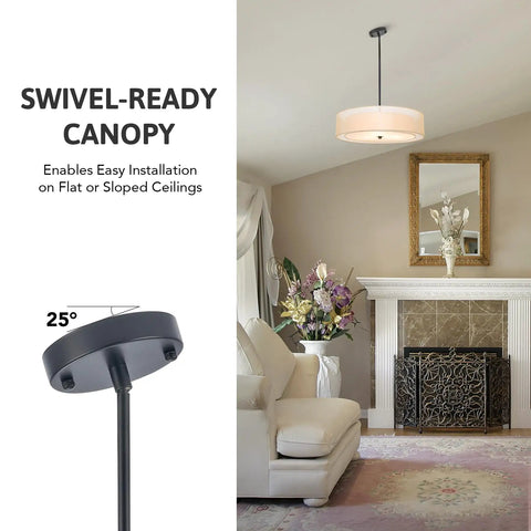 3 Light Drum Pendant Chandelier With Double Fabric Shade, Sleek Matte Black Finish, in elegant living room with floral decor