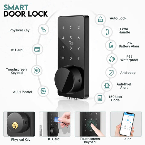Keyless Entry Smart Door Lock With Touchscreen Keypad And Handle, Digital Deadbolt, App Control on white background.