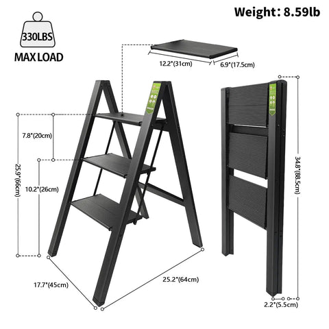 3 Step Folding Aluminum Ladder With Wide Anti Slip Pedals Portable Lightweight Step Stool For Home And Office Use Kitchen 330 Lb Capacity Black With Non Slip Rubber Feet For Extra Stability, shown unfolded and folded with measurements