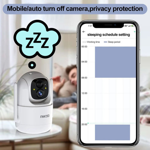 2K PTZ Solar WiFi Security Camera With AI Motion Detection, Color Night Vision next to smartphone showing sleep schedule settings