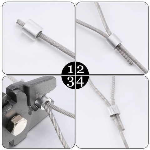 50 Pack Top Shelf Aluminum Wire Rope Sleeves 3/16 Inch Crimping Cable Ferrules demonstrating use on wire rope.