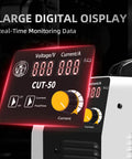 Beast Plasma Cutter 50 Amp Dual Voltage 110/220V IGBT Inverter With Large Digital Display showcasing voltage and current settings.