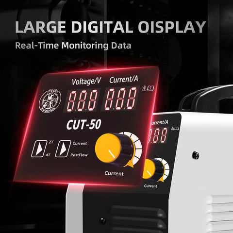 Beast Plasma Cutter 50 Amp Dual Voltage 110/220V IGBT Inverter With Large Digital Display showcasing voltage and current settings.