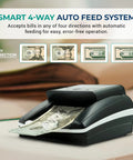 Pro Grade Counterfeit Bill Detector For US Dollars With Multi Method Verification UV Magnetic Infrared Thickness And Size Check Paper Quality Scan Security Feature Detection Denomination Validation Auto Feed For Cash Registers showing automatic bill feeding