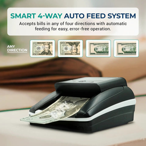Pro Grade Counterfeit Bill Detector For US Dollars With Multi Method Verification UV Magnetic Infrared Thickness And Size Check Paper Quality Scan Security Feature Detection Denomination Validation Auto Feed For Cash Registers showing automatic bill feeding