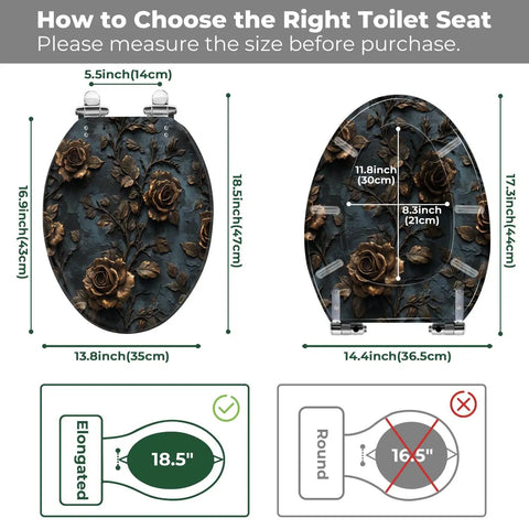 Elongated Toilet Seat Resin for Bathroom with detailed measurements and floral design, 18.5 inches in length, suitable for toilets.