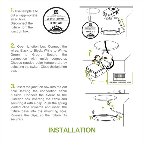 Installation guide for Six-Pack 4-Inch Recessed LED Canless Downlights, showing step-by-step wiring and mounting instructions.
