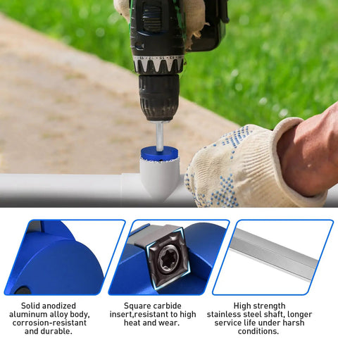 Easy Grip PVC Pipe Reamer used on pipe with aluminum head and carbide insert detail for water drain and vent lines.