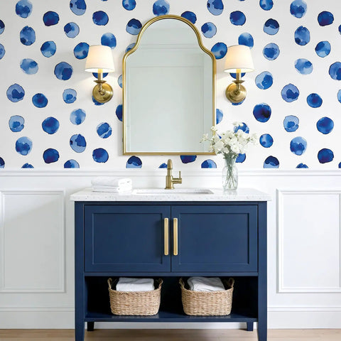 Super Sleek Blue And White Polka Dot Peel And Stick Wallpaper For Kids Rooms And Nurseries Zero Mess Peel And Apply Removable Self Adhesive Vinyl Watercolor Accent Wall Decor Refresh in a modern bathroom.