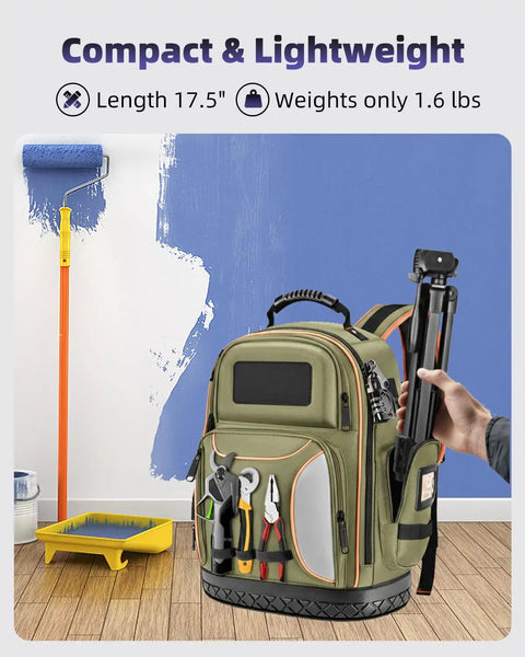 Ultra Lightweight 68 Inch Aluminum Laser Level Tripod with bubble level in backpack next to paint tools
