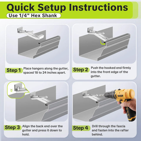 Installation instructions for 5 Inch Heavy Duty Hidden Aluminum Gutter Hangers Kit with Quarter Inch Hex Drill Bit