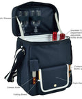 Grab The Goods Personalized Wine And Cheese Cooler Tote With Chill Insulation showing acrylic glasses, insulated compartment, and cutting board.