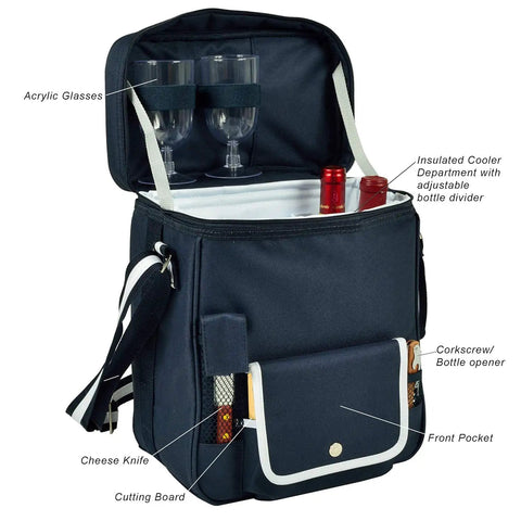 Grab The Goods Personalized Wine And Cheese Cooler Tote With Chill Insulation showing acrylic glasses, insulated compartment, and cutting board.