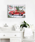 Vintage Red Pickup Truck Christmas Canvas Wall Art 12X16 Inch Rustic Farmhouse Decor With Christmas Tree Scene hung in bathroom