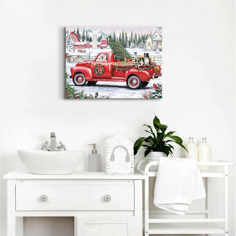 Vintage Red Pickup Truck Christmas Canvas Wall Art 12X16 Inch Rustic Farmhouse Decor With Christmas Tree Scene hung in bathroom