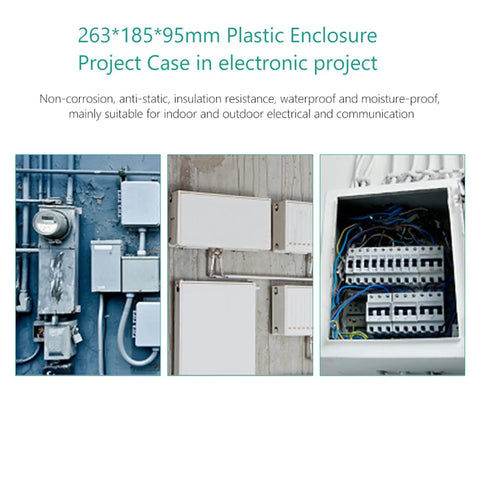 263x185x95mm plastic enclosure project case shown in electrical installations, highlighting waterproof and moisture-proof features