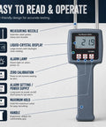 Portable Hay Moisture Meter With Probe Quick Accurate Digital Readout Today For Farms Keeps Hay In Check To Prevent Mold Spoilage And Quality Degradation. Gray handheld meter with stainless steel probe and LCD display