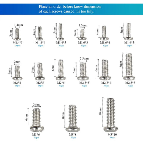 Massive 750 Piece Small Machine Screw Set M1.4 M1.6 M2 M2.5 M3 Phillips Pan Head Tiny Screws For Watch, Toy, And Electronics Repair Nickel Plated Carbon Steel Kit With 15 Sizes, 50 Pieces Each In Storage Bag displayed in various sizes.
