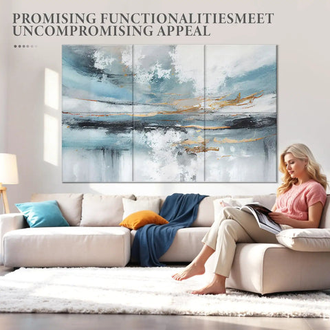 Living room with Six Pack Art Acoustic Panels 72 By 48 Inches Large Self Adhesive Soundproof Wall Panels Lake Of The Sky displayed.