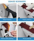 Straight Shooting Mini Electric Belt Sander With Built In Angle Gauge For Zero Sweat Knife Sharpening And Quick Wood Metal Stone Grinding Jobs Around The House in use for kitchen knife and wood polishing.