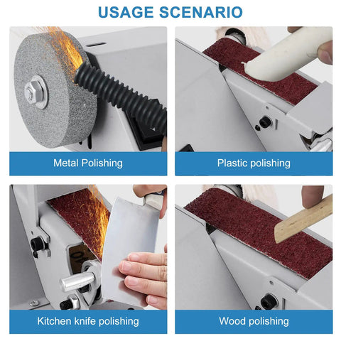 Straight Shooting Mini Electric Belt Sander With Built In Angle Gauge For Zero Sweat Knife Sharpening And Quick Wood Metal Stone Grinding Jobs Around The House in use for kitchen knife and wood polishing.