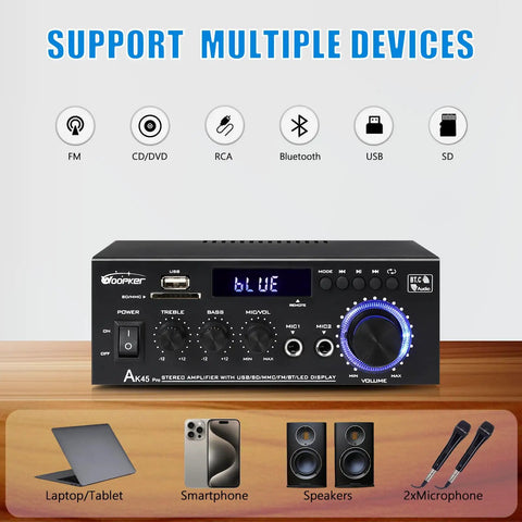 AK45 Pro Amplifier With Bluetooth 5.0, Beefy 400W Peak Power, 2 X 50W RMS Stereo Output, USB SD RCA Inputs, And Dual Mic Jacks front view