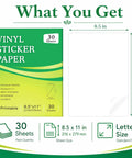 Premium Clear Printable Sticker Paper 30 Sheets 8.5x11 Slick Waterproof Adhesive Vinyl For Inkjet Printers pack with sheet details.