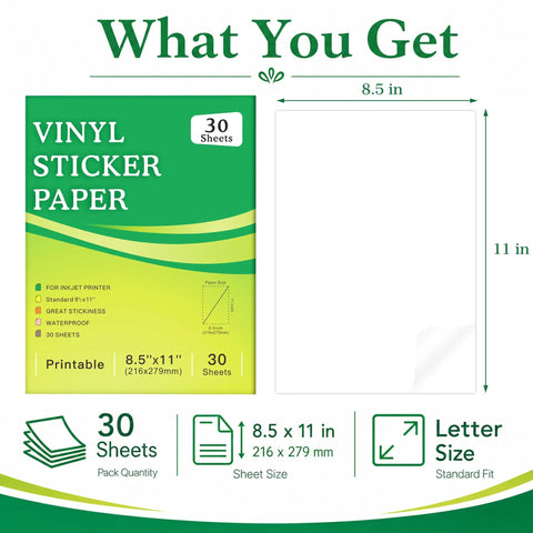 Premium Clear Printable Sticker Paper 30 Sheets 8.5x11 Slick Waterproof Adhesive Vinyl For Inkjet Printers pack with sheet details.