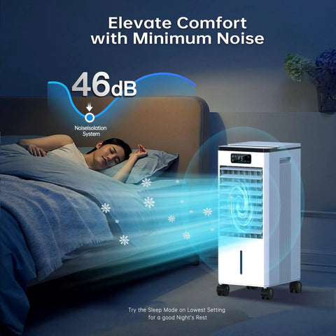 Portable Windowless Air Conditioner 3 In 1 Swamp Cooler in bedroom emitting cool breeze at 46dB with sleeping person