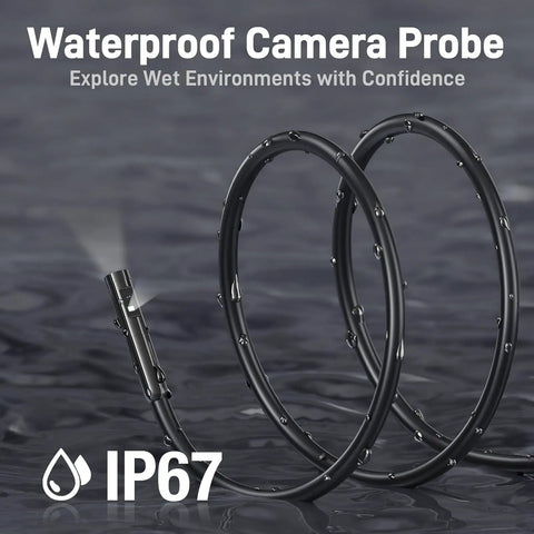 Dual Lens Endoscope With Light For Auto HVAC Wall And Home Inspections Mechanic Borescope Camera Flexible Fiber Optic Snake Probe Sixteen And A Half Feet Of Reach With Eight Adjustable LEDs showing waterproof feature and IP67 rating