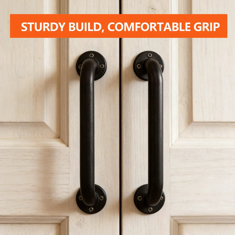 Rock Solid 12 Inch Industrial Pipe Wall Mount Grab Bar For Stairs Decks And Entryways Featuring Heavy Duty Galvanized Steel Non Slip Matte Black Support Built To Last on door handles