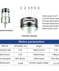 Front view of a metal geared DC motor with a 6-pin encoder interface and motor parameter chart.