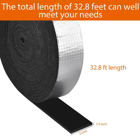 Self Adhesive Foam Pipe Insulation Tape 2 Inch Wide By 33 Feet Outdoor Aluminum Foil Finish Easy Peel And Stick Winter Freeze Protection Weatherproof Waterproof Fire Resistant Wrap For Exterior Pipes shown unrolled with measurements