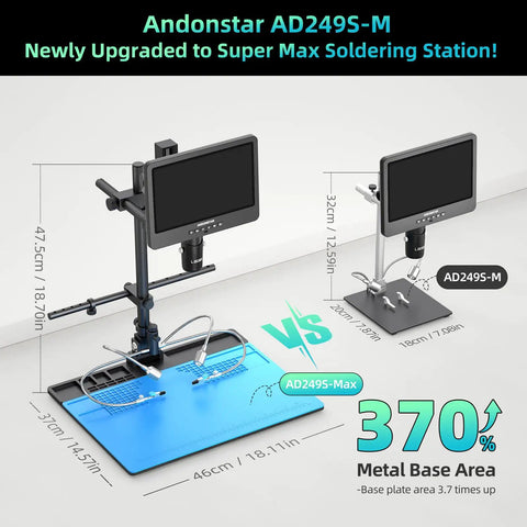 High Power 10.1 Inch HDMI Digital Microscope With 2000X Zoom And 3 Lens System For Soldering, Coins, Plants, And Biological Slides, UHD 2160P Video Capture, Great For Makers And Hobbyists. Andonstar AD249S-Max metal base